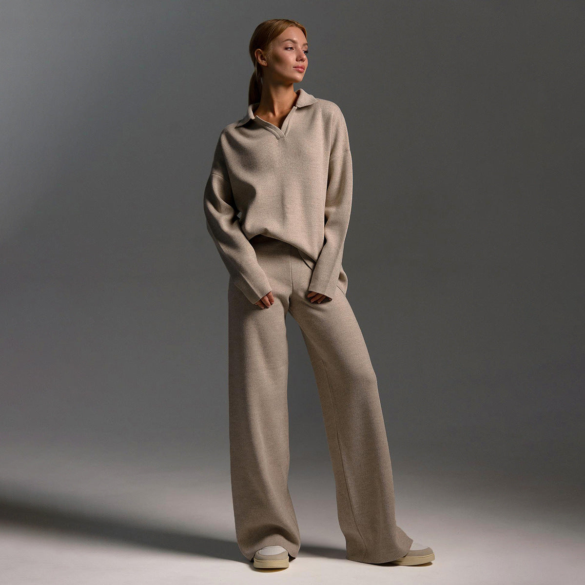 Indy Lounge Set – Women's Oversized Polo Sweater & Wide-Leg Trousers in Sand 0