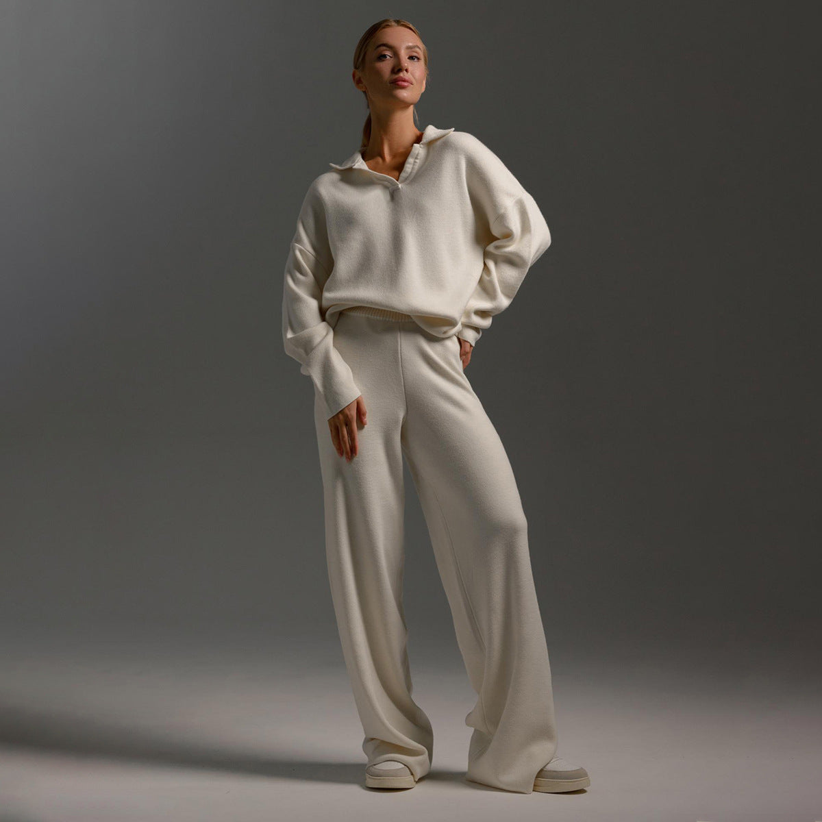 Indy Lounge Set – Women's Oversized Polo Sweater & Wide-Leg Trousers in Sand 12