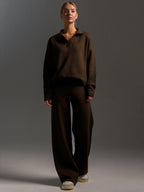 Indy Lounge Set – Women's Oversized Polo Sweater & Wide-Leg Trousers in Sand 3