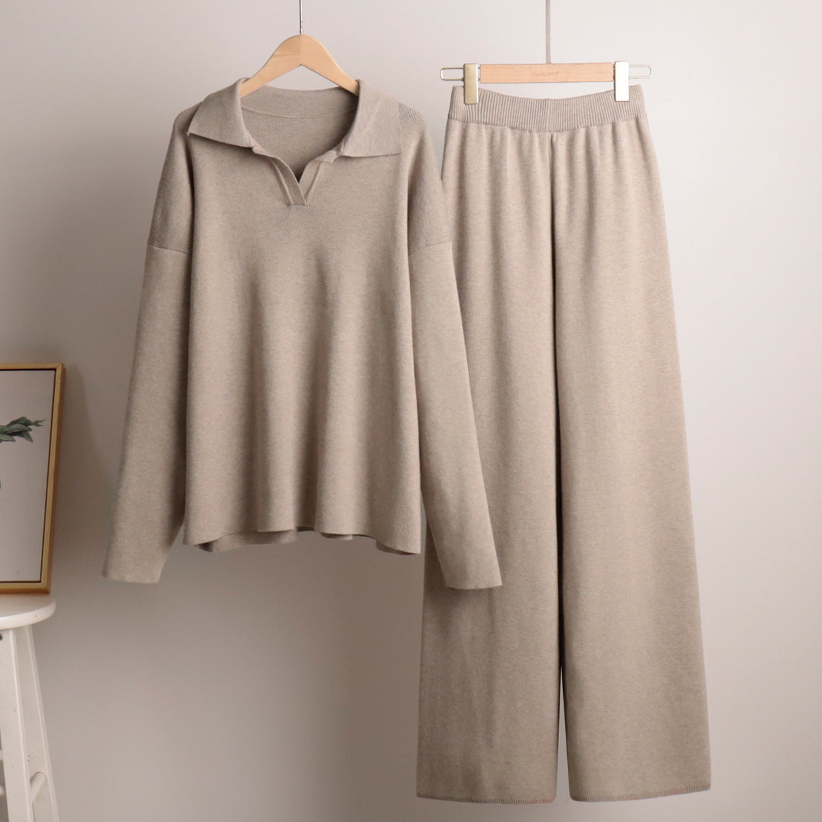 Indy Lounge Set – Women's Oversized Polo Sweater & Wide-Leg Trousers in Sand 5