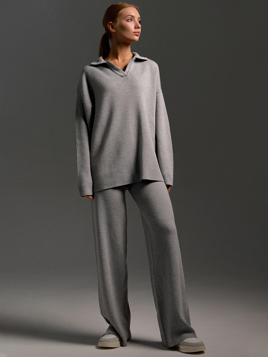 Indy Lounge Set – Women's Oversized Polo Sweater & Wide-Leg Trousers in Sand 7
