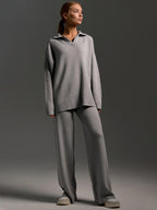 Indy Lounge Set – Women's Oversized Polo Sweater & Wide-Leg Trousers in Sand 7