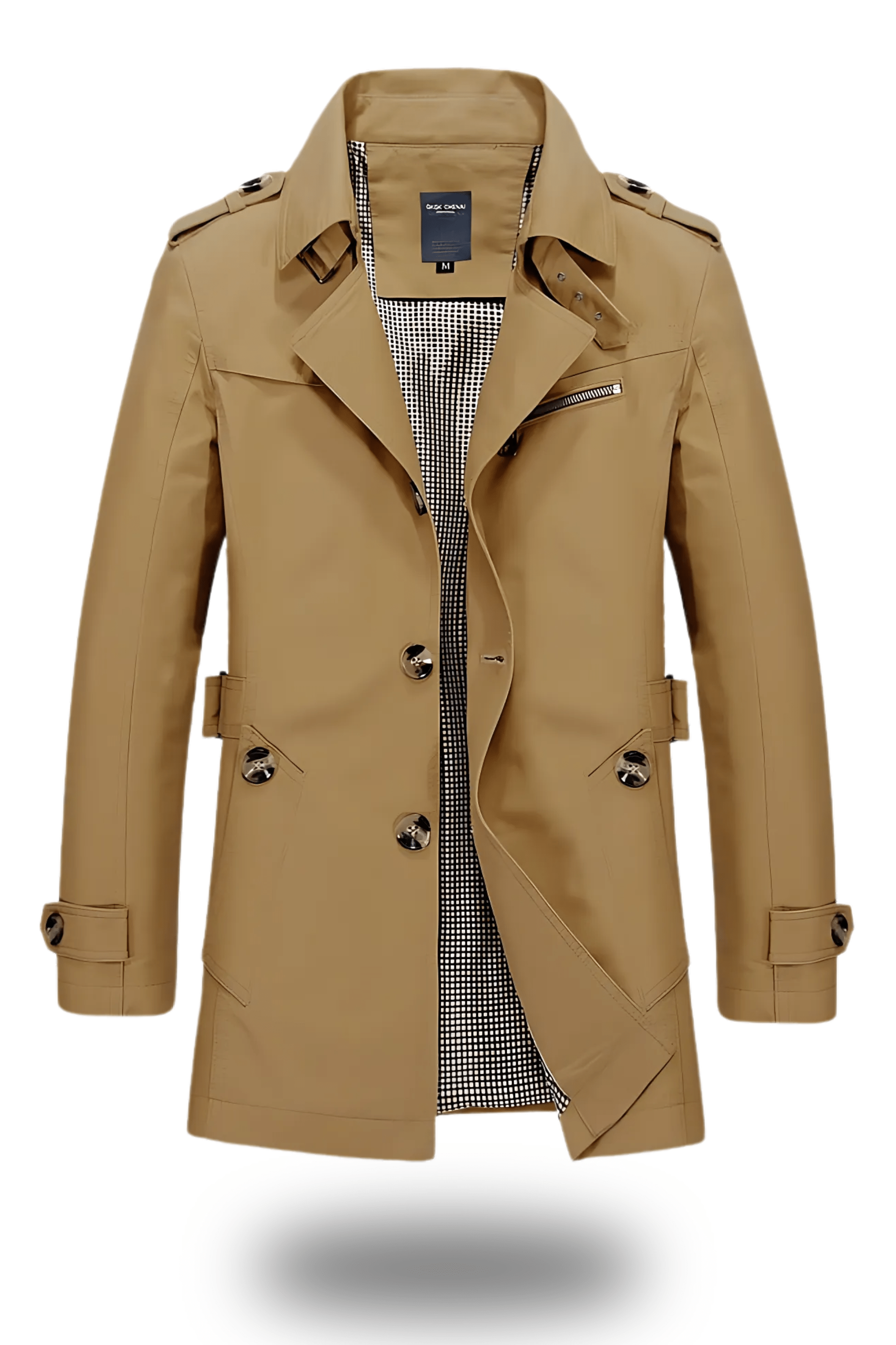 Classic Men’s Trench Coat with Folded Collar – Durable Fabric