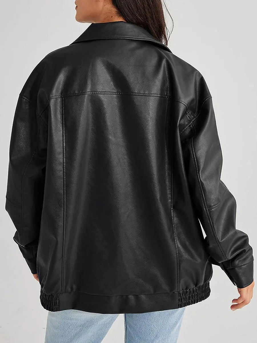 Women’s Bomber Jacket – Oversized Faux Leather Design