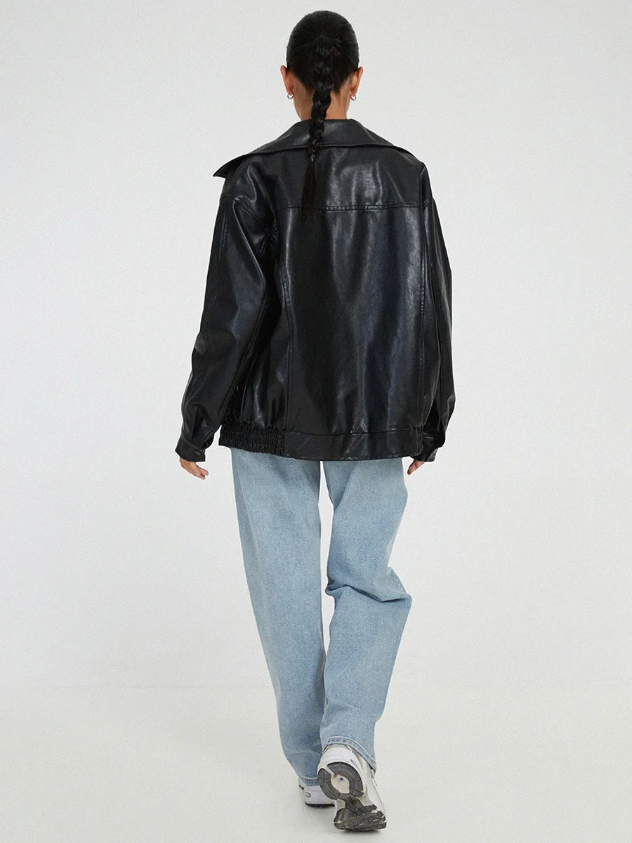 Women’s Bomber Jacket – Oversized Faux Leather Design