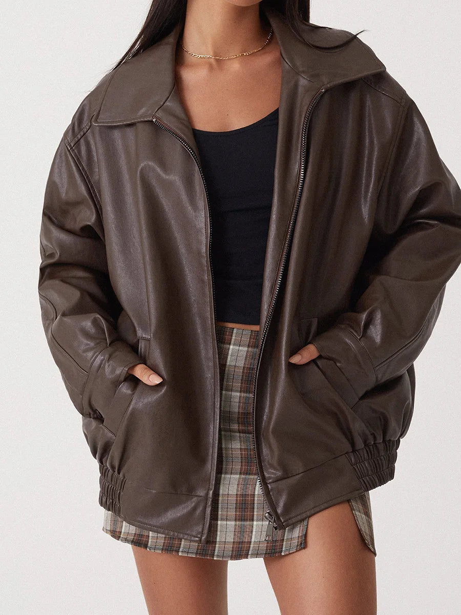 Women’s Bomber Jacket – Oversized Faux Leather Design