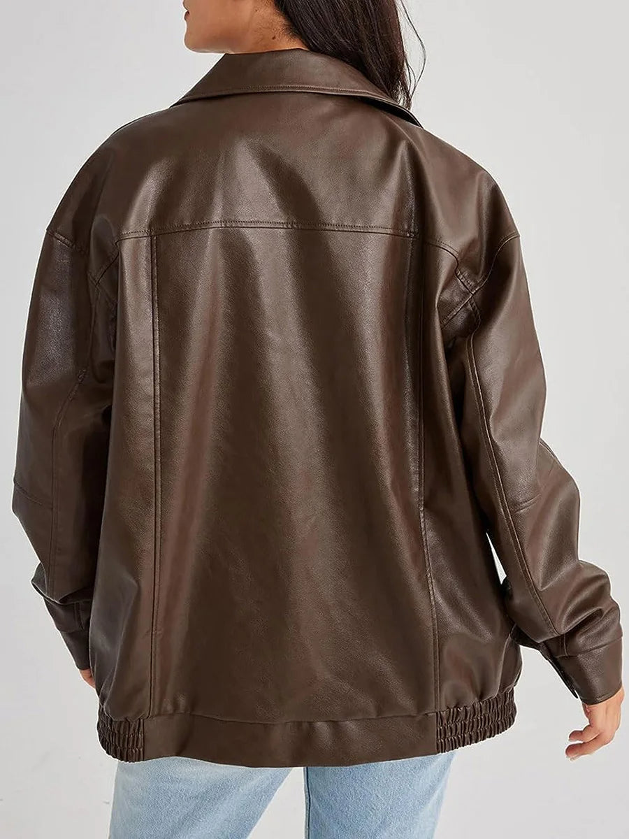 Women’s Bomber Jacket – Oversized Faux Leather Design