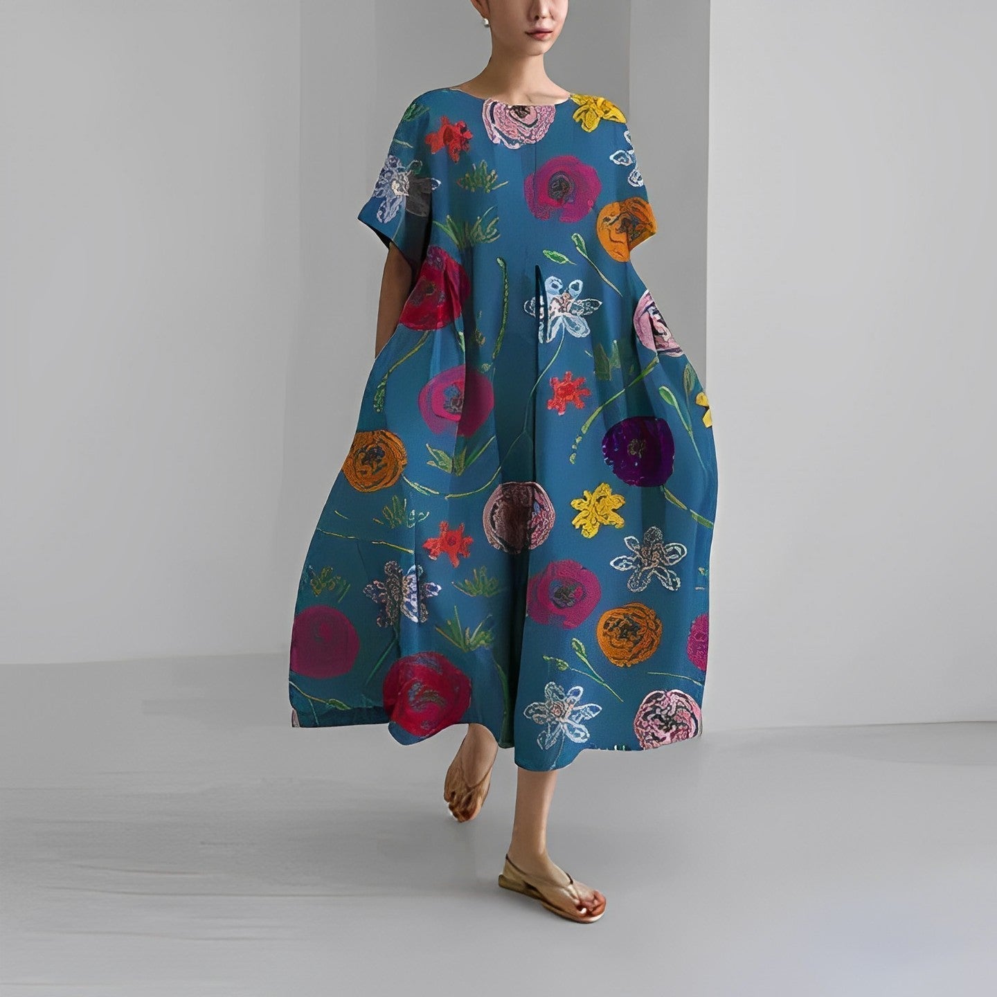 Rosa - Boho - Blumenkleid - Weites Kleid - Kleider - Blau - Müller Mode